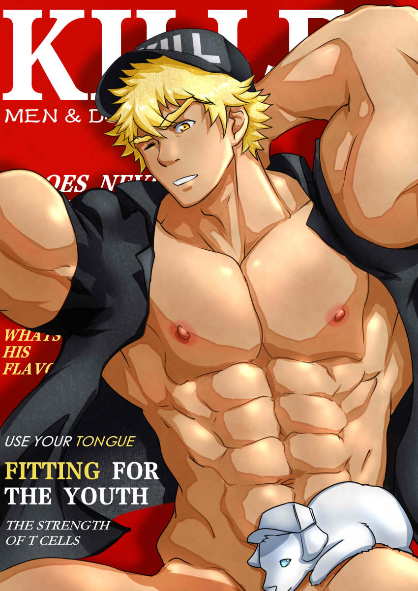 1boy, abs, absurdres, arm_behind_head, bara, bare_pectorals, baseball_cap, biceps, black_shirt, blonde_hair, english_text, hat, hataraku_saibou, highres, huzee_tiger, killer_t_(hataraku_saibou), large_pectorals, male_focus, military, military_uniform, muscular, muscular_male, naked_shirt, navel, nipples, one_eye_closed, pectorals, shirt, short_hair, short_sleeves, solo, stomach, upper_body, yellow_eyes
