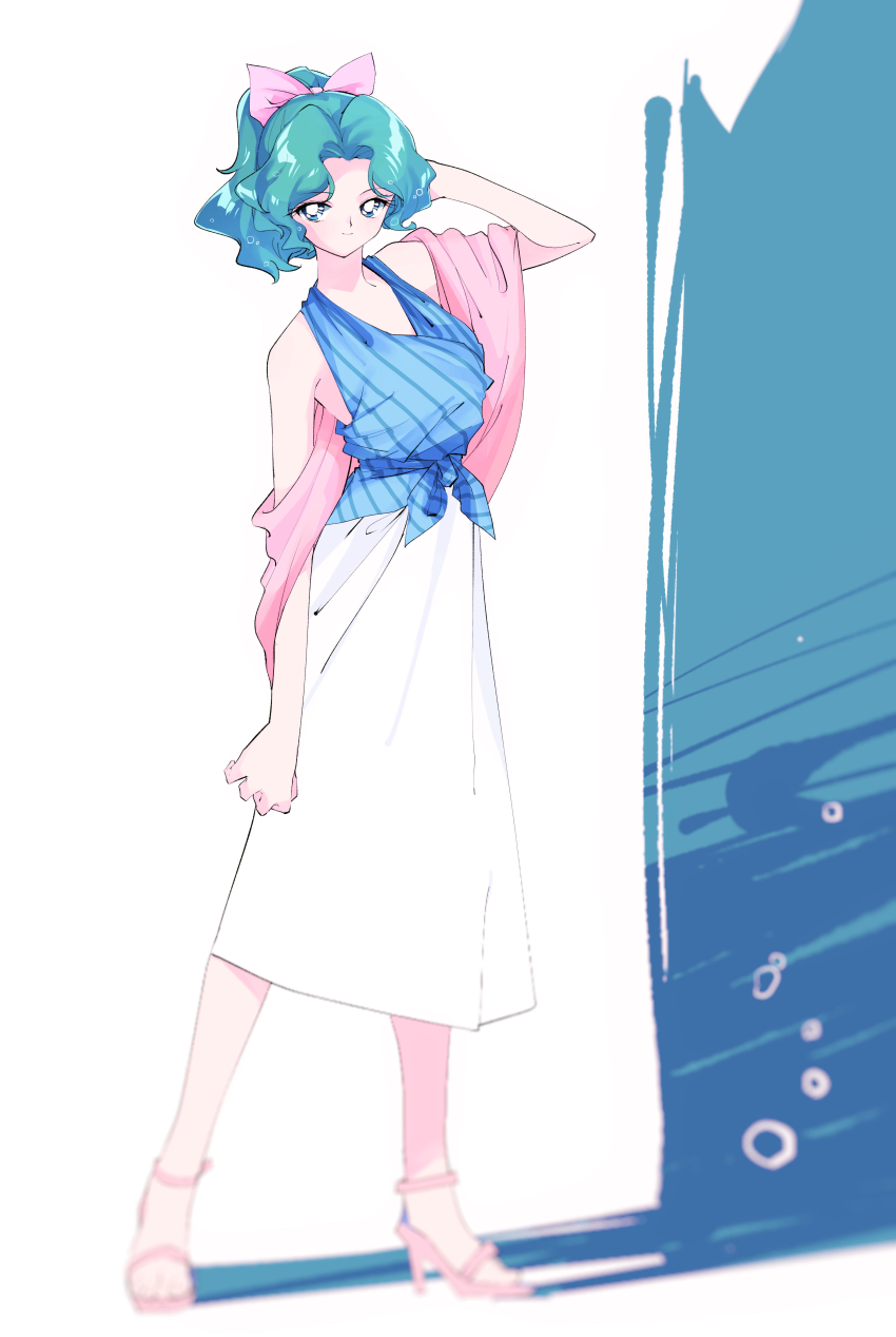 1990s_(style), 1girl, absurdres, arm_behind_head, bishoujo_senshi_sailor_moon, blouse, blue_eyes, blue_hair