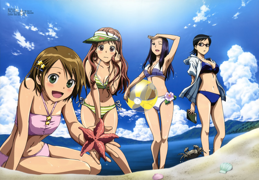 00s, 4girls, absurdres, akeno_mihoshi, ball, beach, beachball, bikini