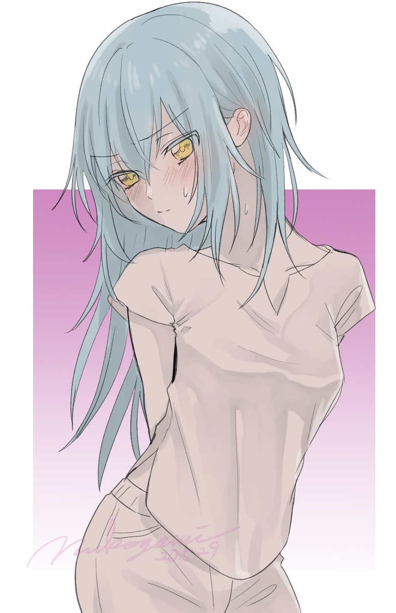 1girl, arms_behind_back, blue_hair, blush, breasts, collarbone, colored_eyelashes, contrapposto