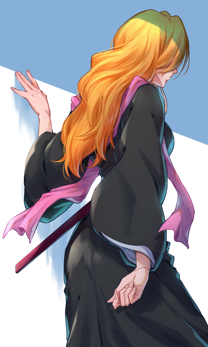 1girl, black_kimono, bleach, blonde_hair, blue_background, from_side, japanese_clothes, kimono