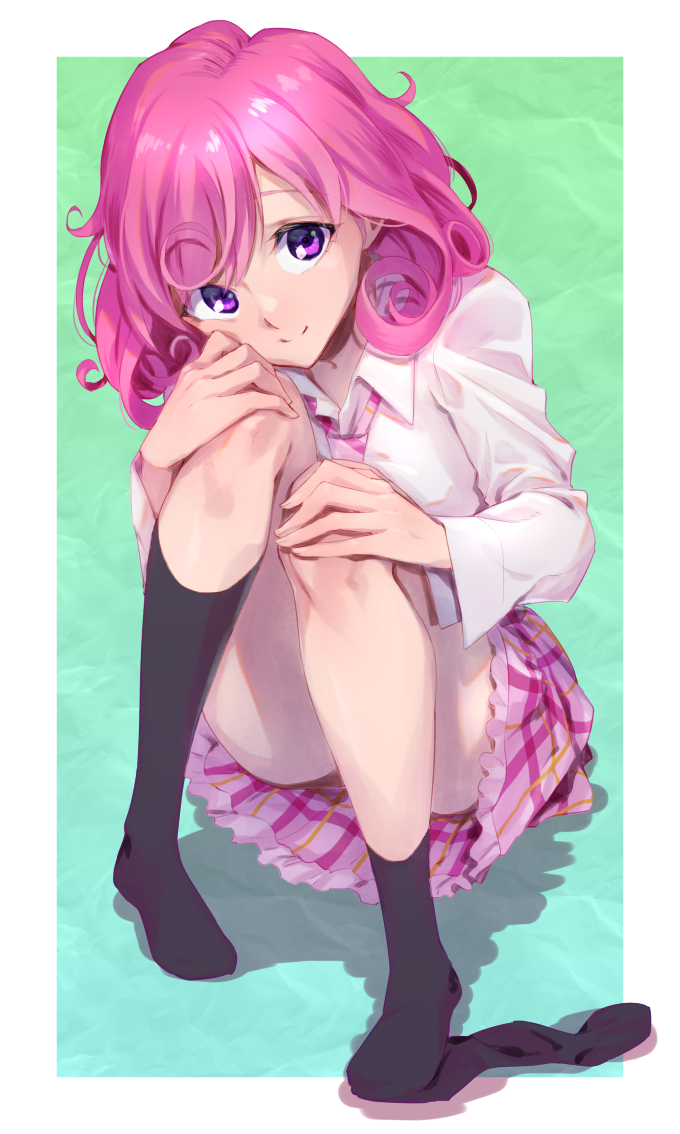 1girl, black_socks, border, closed_mouth, collared_shirt, full_body, green_background, hair_between_eyes