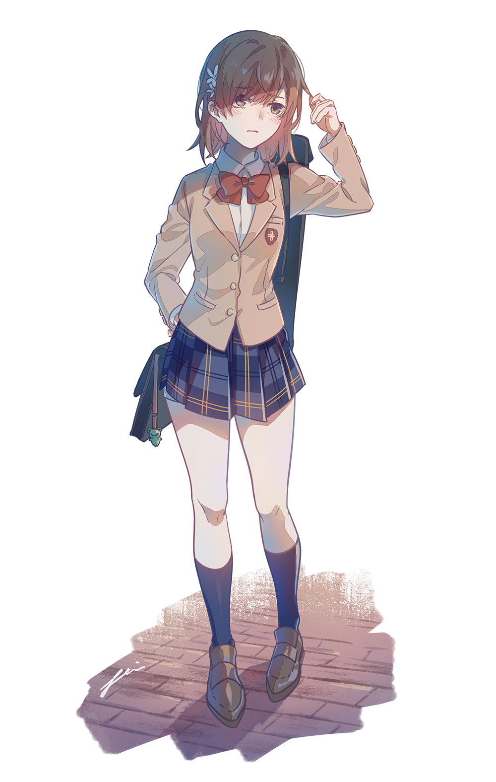 1girl, az_(zero_glvimayhop), black_skirt, black_socks, bow, bowtie, brown_eyes, brown_hair
