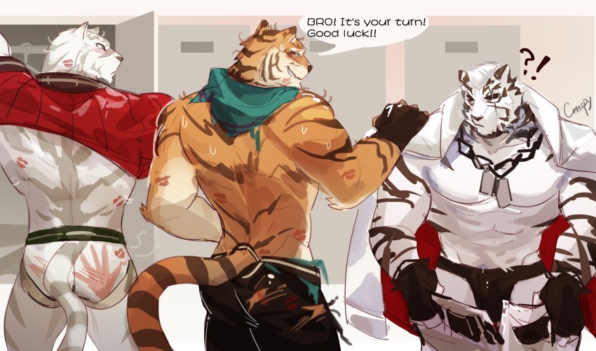 !?, 3boys, abs, absurdres, animal_ears, arknights, ass, bara, bare_pectorals, black_male_underwear, black_tank_top, bulge, chain, chain_necklace, character_request, copyright_request, crossover, crrispy_shark, english_text, fingerless_gloves, furry, furry_male, gloves, hand_on_another's_shoulder, highres, jacket, jacket_on_shoulders, jewelry, large_pectorals, lipstick_mark, male_focus, male_underwear, mercenary_(zero_kara_hajimeru_mahou_no_sho), mountain_(arknights), multiple_boys, multiple_crossover, muscular, muscular_male, necklace, nipples, pants, pectorals, scar, scar_across_eye, scar_on_face, short_hair, sketch, spanked, sweat, tank_top, thighs, tiger_boy, tiger_ears, tiger_stripes, tight_clothes, tight_pants, topless_male, torn_clothes, torn_pants, underwear, undressing, white_fur, white_male_underwear, white_pants, zero_kara_hajimeru_mahou_no_sho