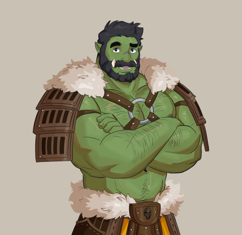 1boy, arm_hair, bara, bare_pectorals, beard, black_hair, borrowed_character, chest_hair