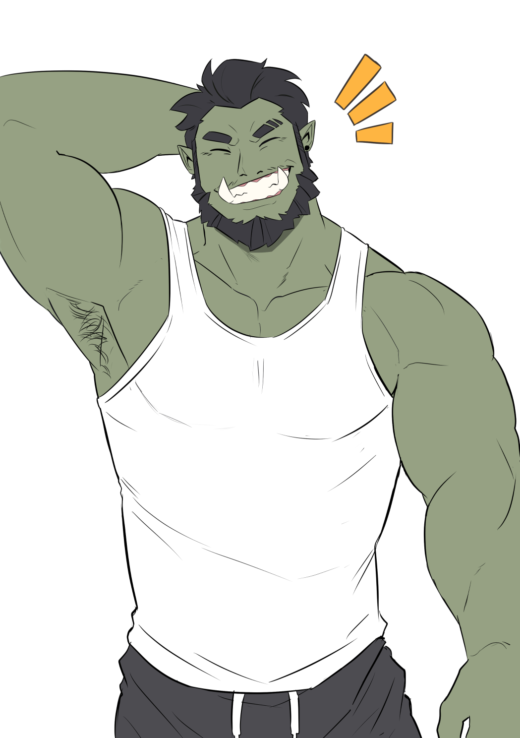 1boy, arm_behind_head, armpit_hair, armpits, bara, beard, black_hair, borrowed_character