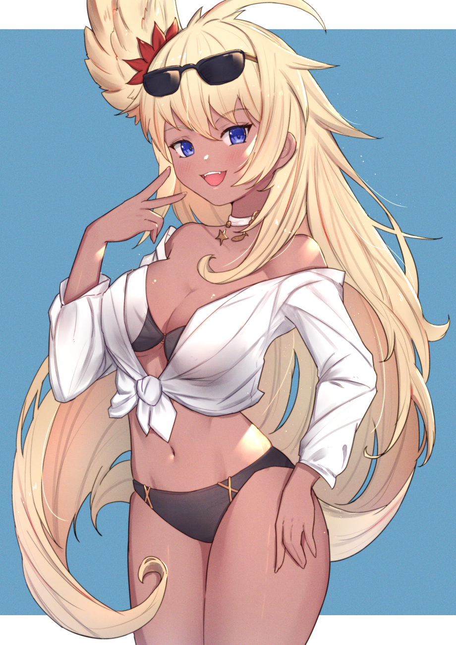 1girl, :d, bikini, blonde_hair, blue_background, blue_eyes, blush, breasts