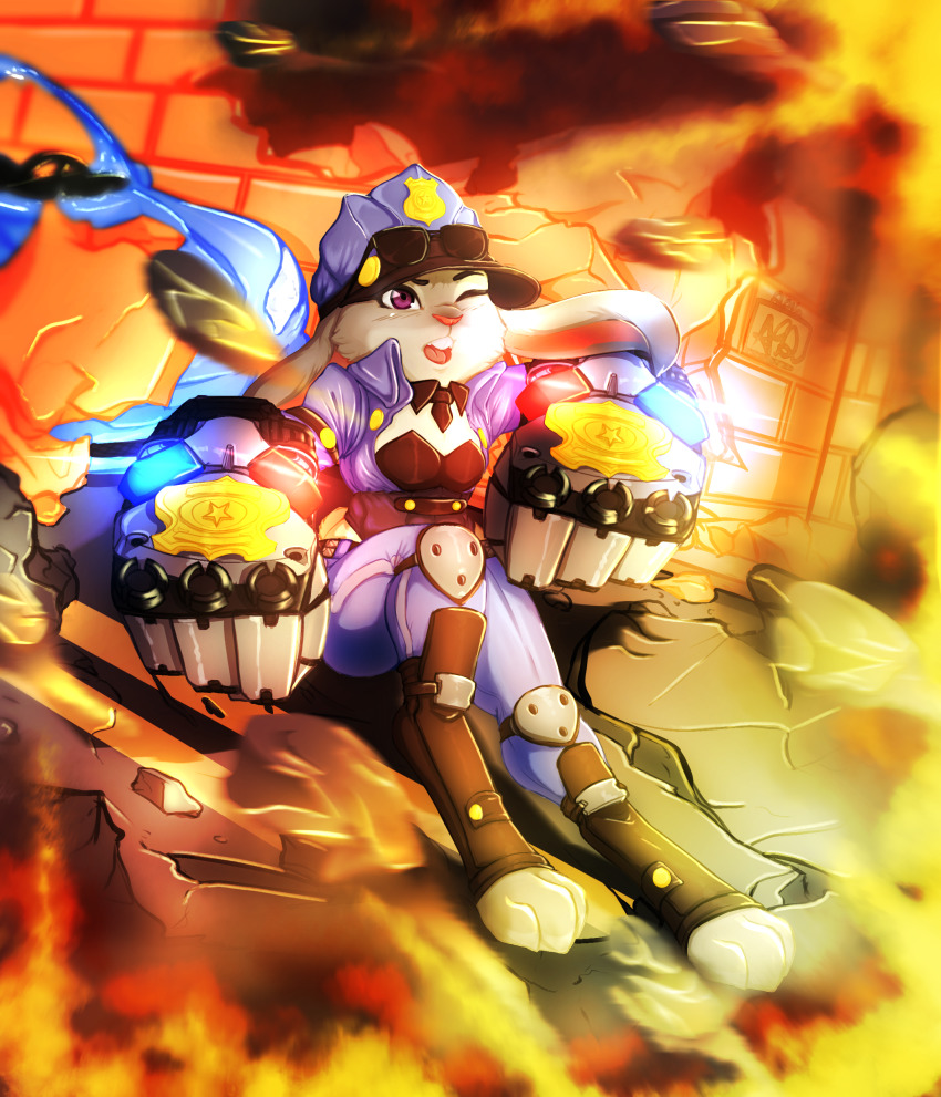 1girl, absurdres, alternate_costume, animal_ears, animal_nose, armor, avante92, black-framed_eyewear, black_necktie, breasts, buck_teeth, cosplay, detached_collar, digitigrade, explosion, eyewear_on_head, fire, full_body, furry, furry_female, gauntlets, greaves, grey_fur, hat, highres, judy_hopps, knee_pads, league_of_legends, necktie, officer_vi, one_eye_closed, pants, peaked_cap, police, police_badge, police_uniform, policewoman, rabbit_ears, rabbit_girl, small_breasts, solo, sunglasses, teeth, toeless_footwear, trait_connection, vi_(league_of_legends), vi_(league_of_legends)_(cosplay), zootopia