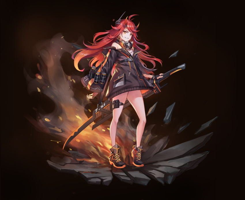 cermia_(epic_seven), epic_seven, feo_reto, fire, horns, red_hair, sword, weapon