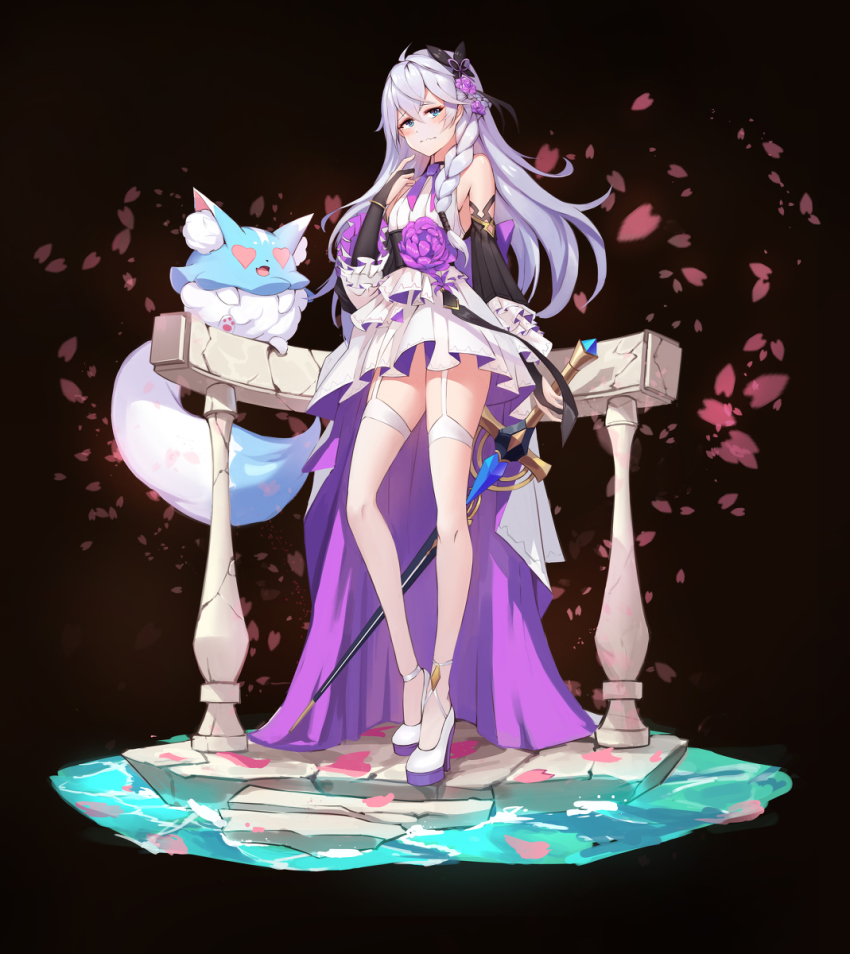 arky_(epic_seven), blue_eyes, blush, embarrassed, epic_seven, feo_reto, garter_belt, genderswap, genderswap_(mtf), heart, heart-shaped_pupils, highres, long_hair, ras_(epic_seven), sword, symbol-shaped_pupils, weapon, white_hair