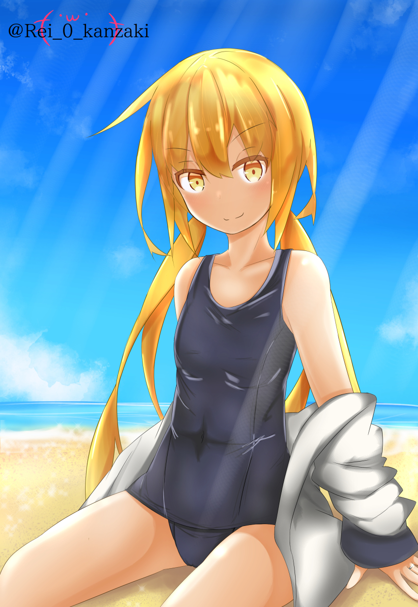 1girl, absurdres, beach, blonde_hair, blue_sky, blue_one-piece_swimsuit, breasts, cloud, collarbone, cosplay, covered_navel, crescent, crescent_hair_ornament, crescent_pin, etsuransha_no_rei, hair_between_eyes, hair_ornament, highres, indoors, jacket, kantai_collection, long_hair, long_sleeves, looking_at_viewer, low_twintails, ocean, one-piece_swimsuit, sand, satsuki_(kancolle), school_swimsuit, sitting, sky, small_breasts, solo, swimsuit, twintails, twitter_username, water, white_jacket, yukikaze_(kancolle), yukikaze_(kancolle)_(cosplay)