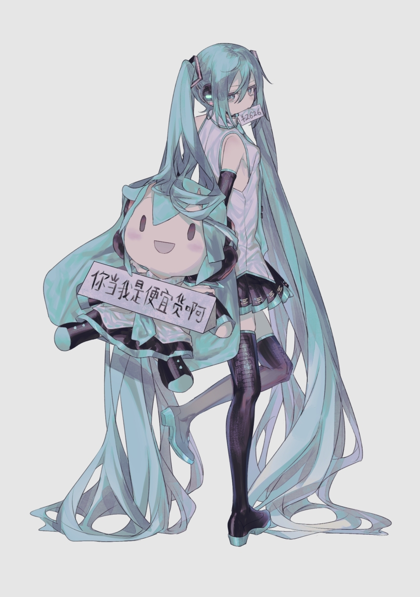 1girl, absurdly_long_hair, aqua_eyes, aqua_hair, black_boots, boots, character_doll, detached_sleeves, doll, grey_background, grey_shirt, hatsune_miku, highres, holding, holding_doll, huaji_niang, long_hair, pleated_skirt, shirt, skirt, solo, standing, standing_on_one_leg, thigh_boots, thighhighs, twintails, very_long_hair, vocaloid