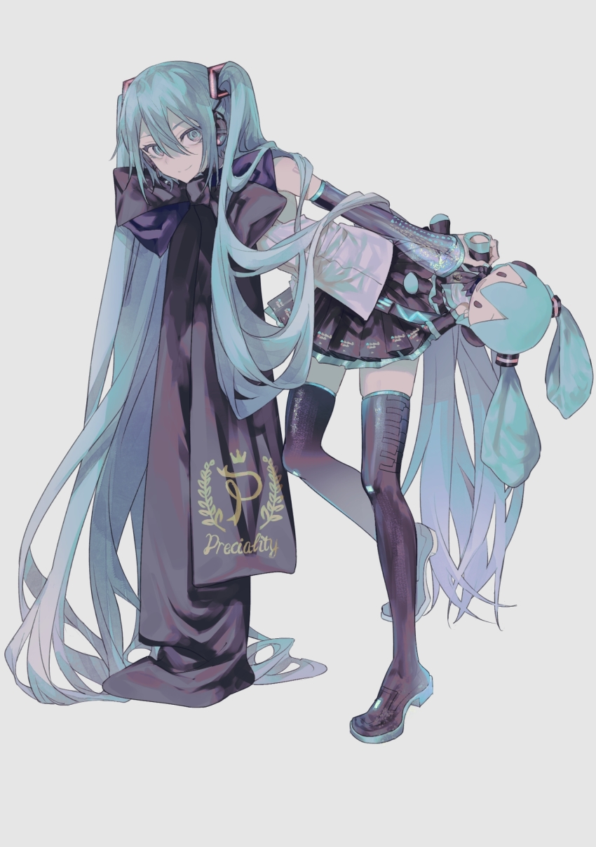 1girl, absurdly_long_hair, aqua_eyes, aqua_hair, aqua_nails, black_boots, black_ribbon, boots, character_doll, closed_mouth, detached_sleeves, doll, eyebrows_hidden_by_hair, grey_background, grey_shirt, hatsune_miku, highres, holding, holding_doll, huaji_niang, large_ribbon, long_hair, nail_polish, pleated_skirt, ribbon, shirt, skirt, smile, solo, standing, standing_on_one_leg, thigh_boots, thighhighs, twintails, very_long_hair, vocaloid
