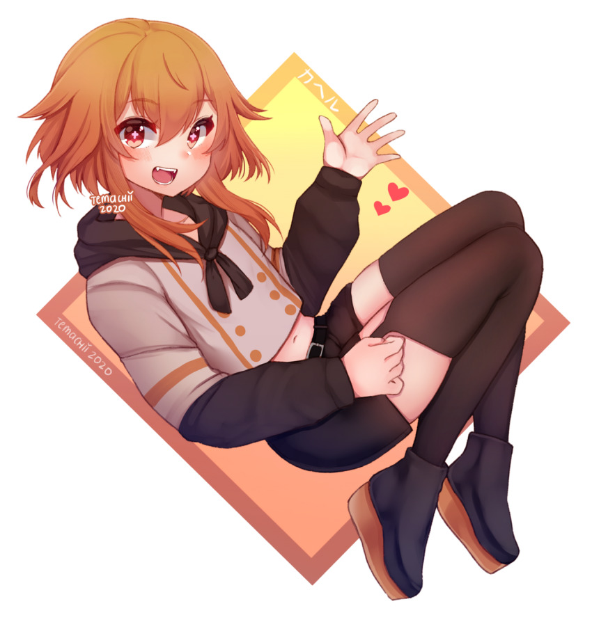 +_+, 1girl, :d, belt, black_belt, black_shorts, brown_thighhighs, buttons, character_name, commentary, dated, double-breasted, english_commentary, from_side, grey_shirt, hand_up, highres, indie_virtual_youtuber, kaheru_(vtuber), long_sleeves, navel, open_mouth, orange_hair, red_eyes, shirt, shoes, shorts, signature, smile, solo, temachii, thighhighs, transparent_background, virtual_youtuber