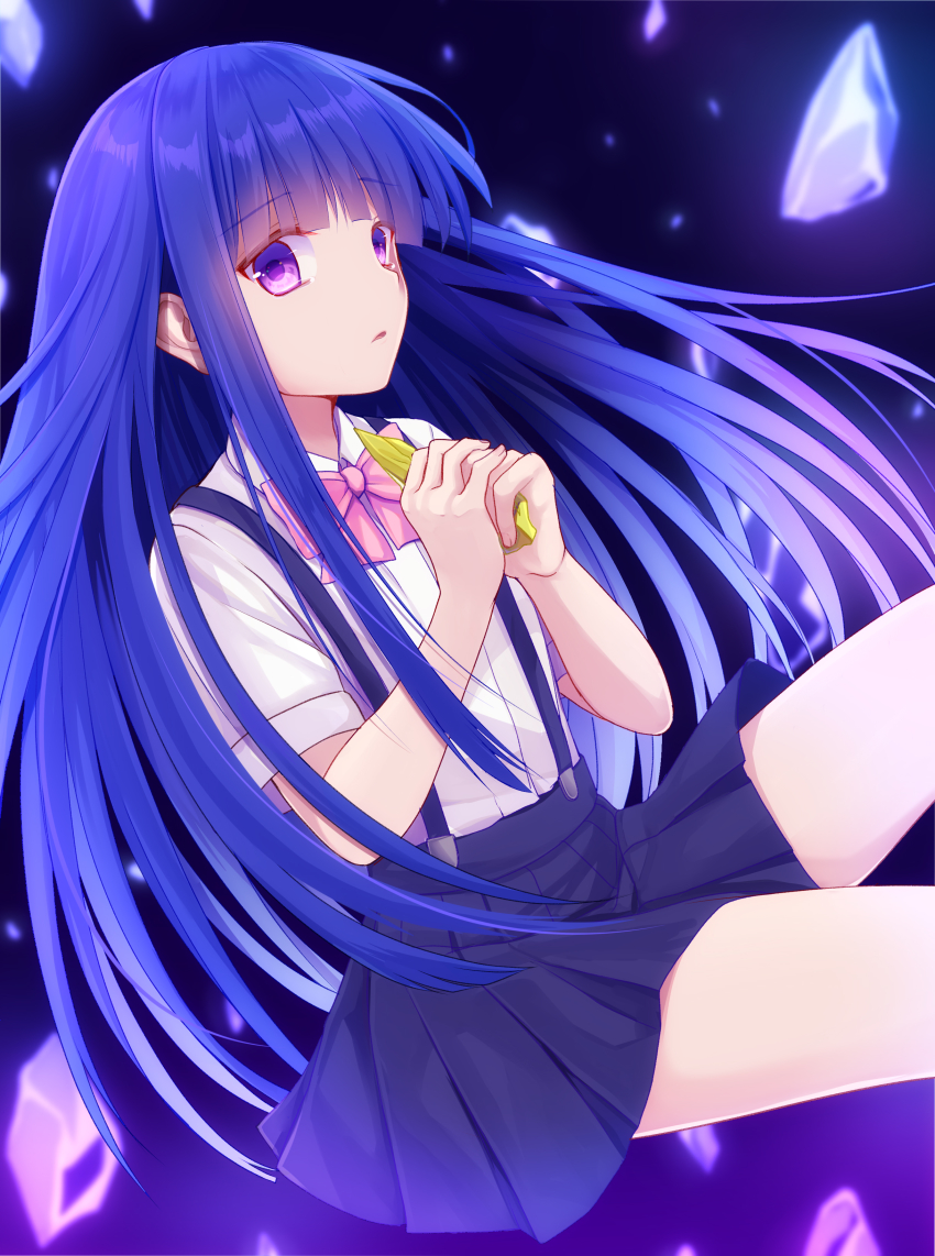 1girl, absurdres, akausagi, blue_hair, blue_skirt, collared_shirt, furude_rika, highres, higurashi_no_naku_koro_ni, higurashi_no_naku_koro_ni_gou, hime_cut, holding, kakera, long_hair, neck_ribbon, nekodamashi-hen, open_mouth, pink_ribbon, pleated_skirt, purple_eyes, ribbon, shirt, short_sleeves, skirt, solo, suspender_skirt, suspenders, tearing_up, white_shirt