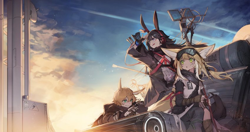 1boy, 2girls, absurdres, ahoge, animal_ears, april_(arknights), april_(faraway_gaze)_(arknights), arknights