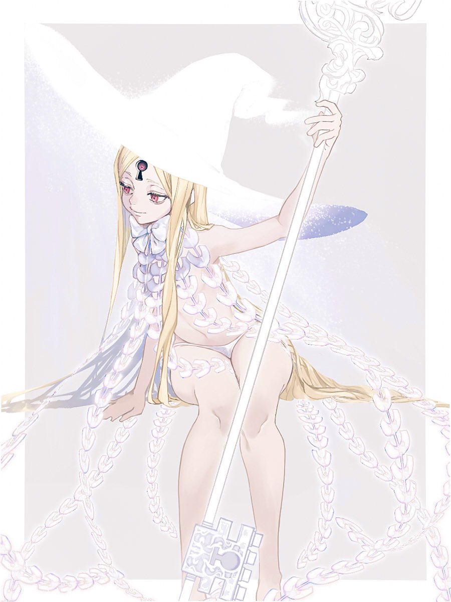 1girl, abigail_williams_(fate), abigail_williams_(second_ascension)_(fate), arm_support, bakushi_(kaeritai0609), blonde_hair, border, bow