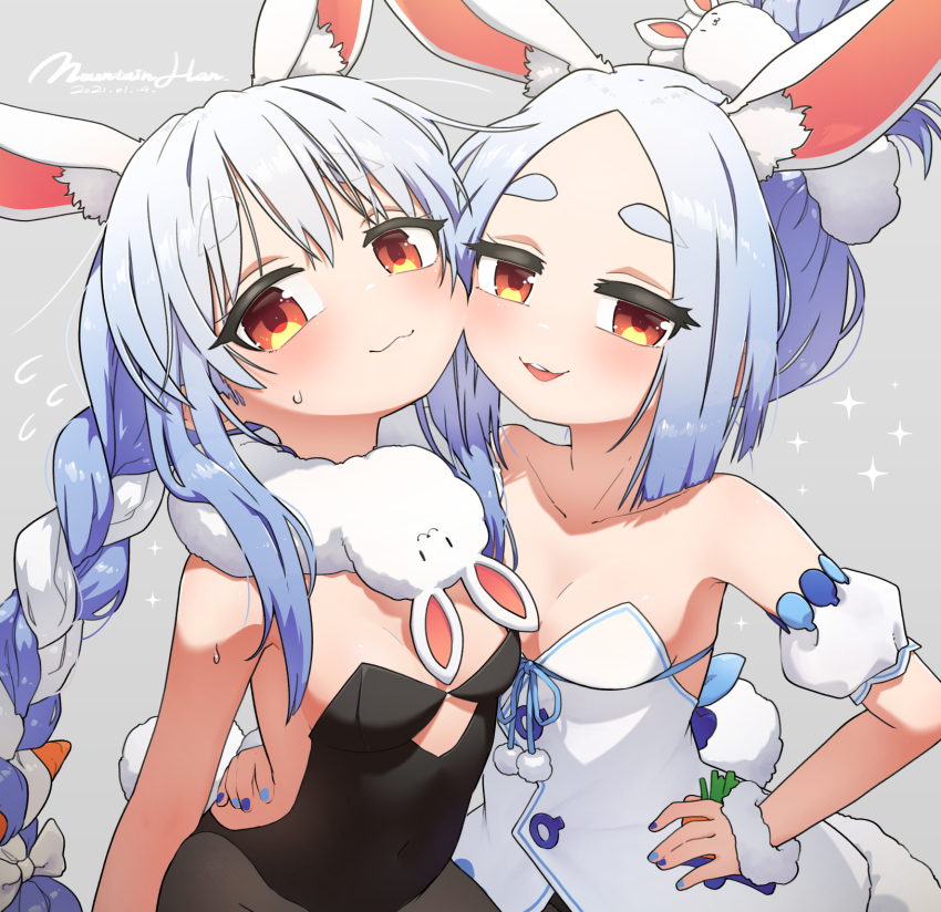 2girls, :3, animal_ear_fluff, animal_ears, bare_shoulders, black_leotard, blue_hair, blue_nails, blush, braid, breasts, cheek-to-cheek, cleavage, closed_mouth, commentary, dated, detached_sleeves, don-chan_(usada_pekora), fingernails, grey_legwear, hair_bun, hand_on_own_hip, heads_together, highres, hololive, leotard, looking_at_viewer, mature_female, mountain_han, multicolored_hair, multicolored_nails, multiple_girls, nail_polish, navel, pantyhose, pekomama, pelt, playboy_bunny, puffy_detached_sleeves, puffy_short_sleeves, puffy_sleeves, rabbit_ears, rabbit_girl, red_eyes, short_sleeves, signature, single_hair_bun, small_breasts, smile, sparkle, sweat, untranslatable_commentary, topknot, twin_braids, two-tone_hair, usada_pekora, usada_pekora_(1st_costume), virtual_youtuber, white_hair