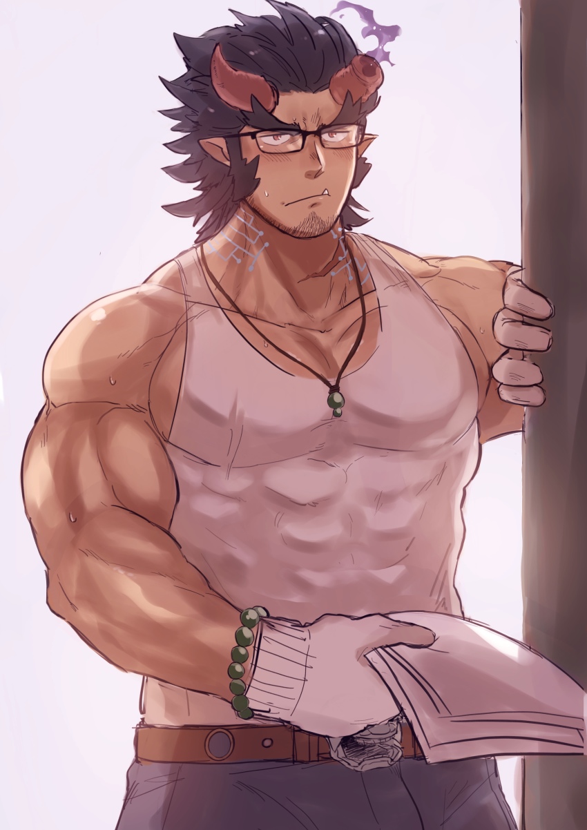 1boy, 1hao_(@cerbero64), absurdres, backlighting, bara, bare_arms, bare_shoulders, blue_hair