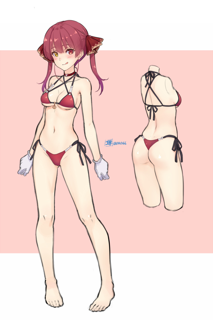 1girl, :q, anchor_ornament, arms_at_sides, ass, back, bare_arms, bare_legs