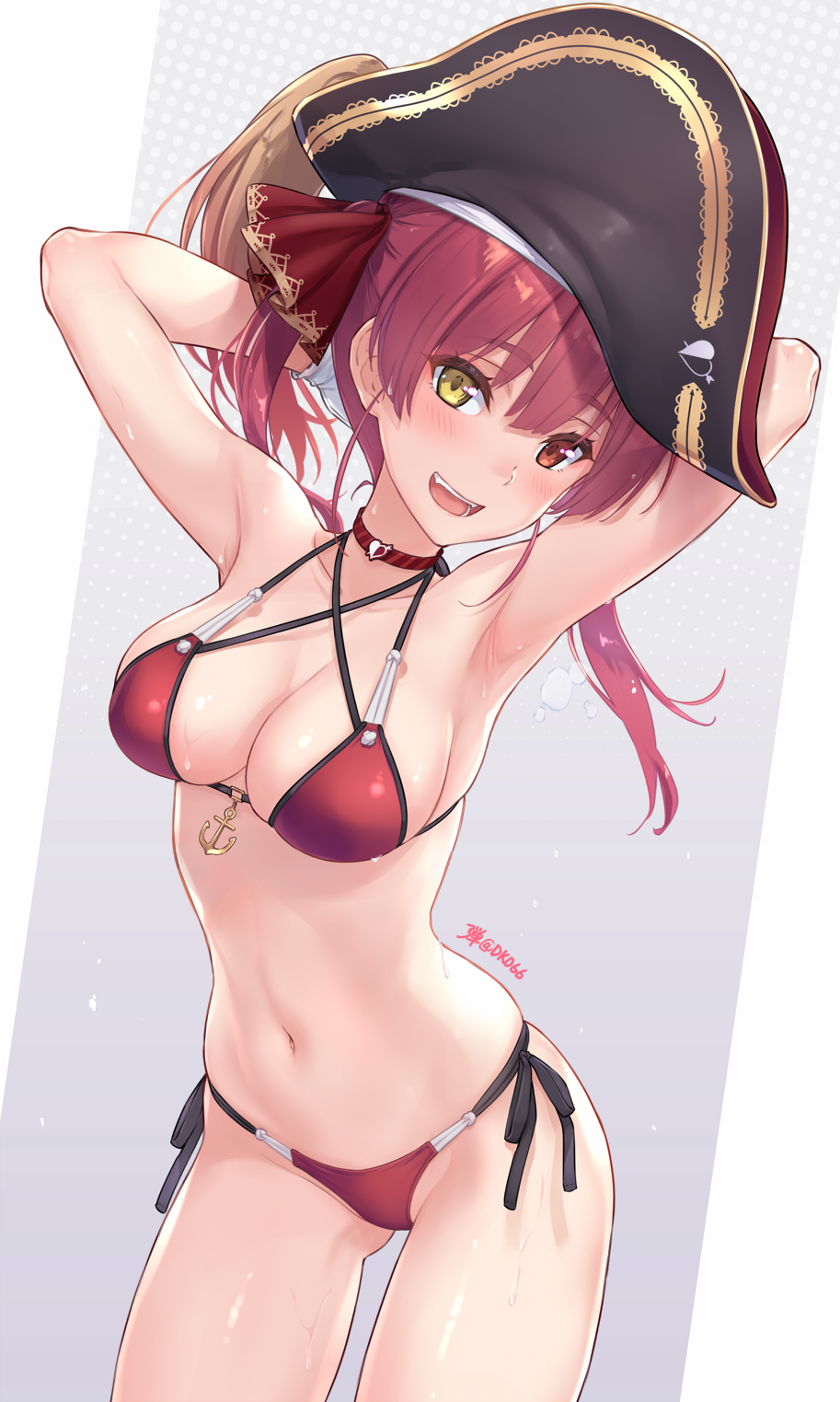 1girl, :d, anchor_ornament, armpits, arms_behind_head, arms_up, arrow_through_heart, bikini