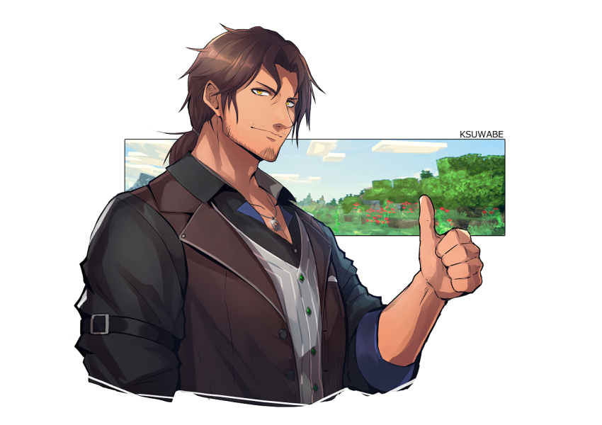 1boy, beard, belmond_banderas, belmond_banderas_(1st_costume), brown_hair, brown_jacket, copyright_request, cropped_torso