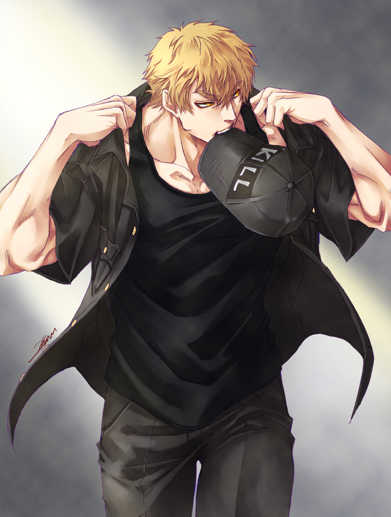 1boy, black_pants, black_shirt, black_tank_top, blonde_hair, canal001, collarbone, cowboy_shot
