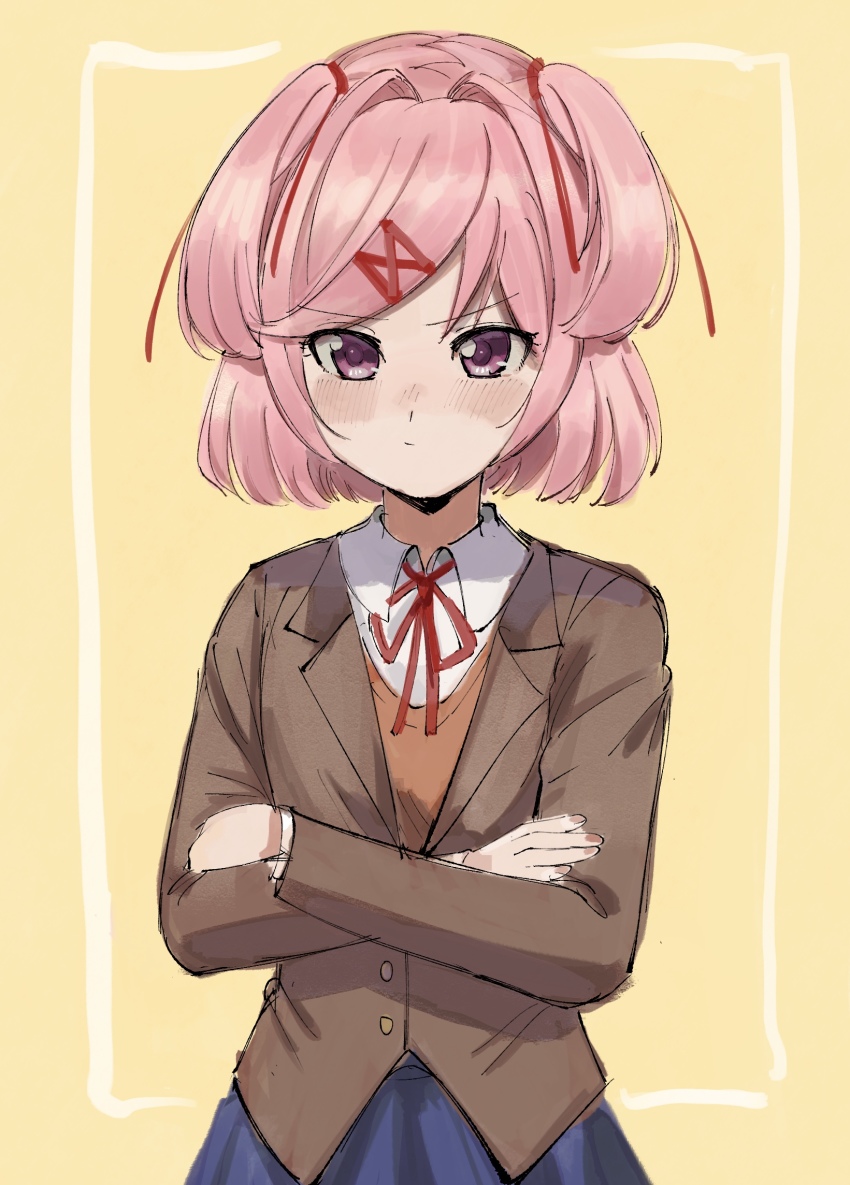 1girl, blue_skirt, blush, brown_jacket, brown_vest, closed_mouth, collared_shirt, commentary_request