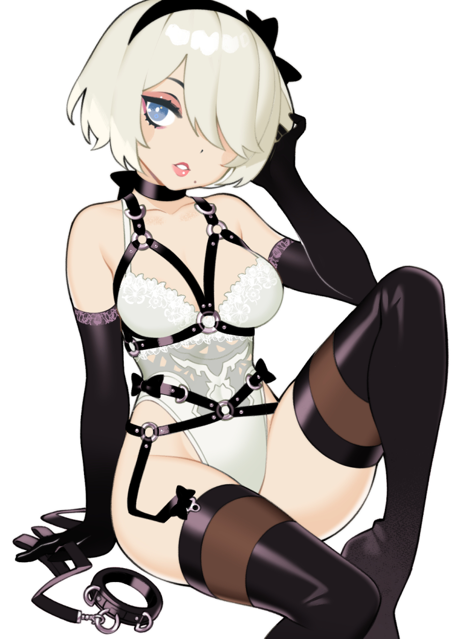 1girl, arm_support, bare_shoulders, black_bow, black_choker, black_gloves, blue_eyes, bondage_outfit