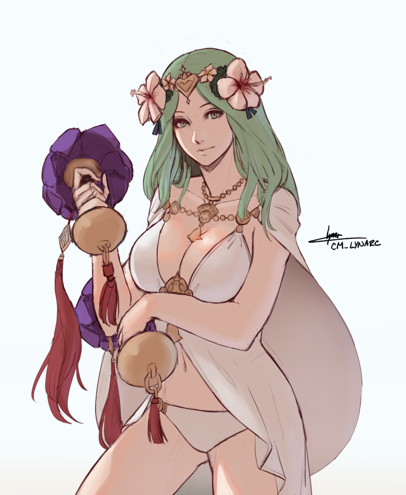 1girl, artist_name, breasts, cleavage, closed_mouth, fire_emblem, fire_emblem:_three_houses, fire_emblem_heroes, flower, green_eyes, green_hair, hair_flower, hair_ornament, holding, long_hair, lynarc, nintendo, rhea_(fire_emblem), rhea_(summer)_(fire_emblem), simple_background, solo, swimsuit