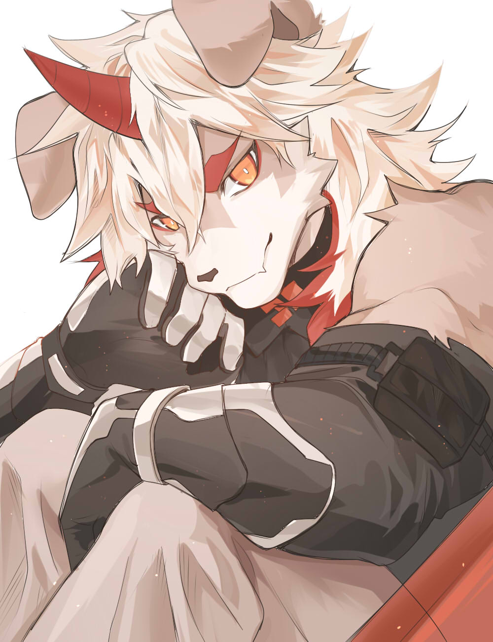 1boy, animal_ears, ao_(chung0u0), arknights, bara, bare_shoulders, brown_fur, dog_boy