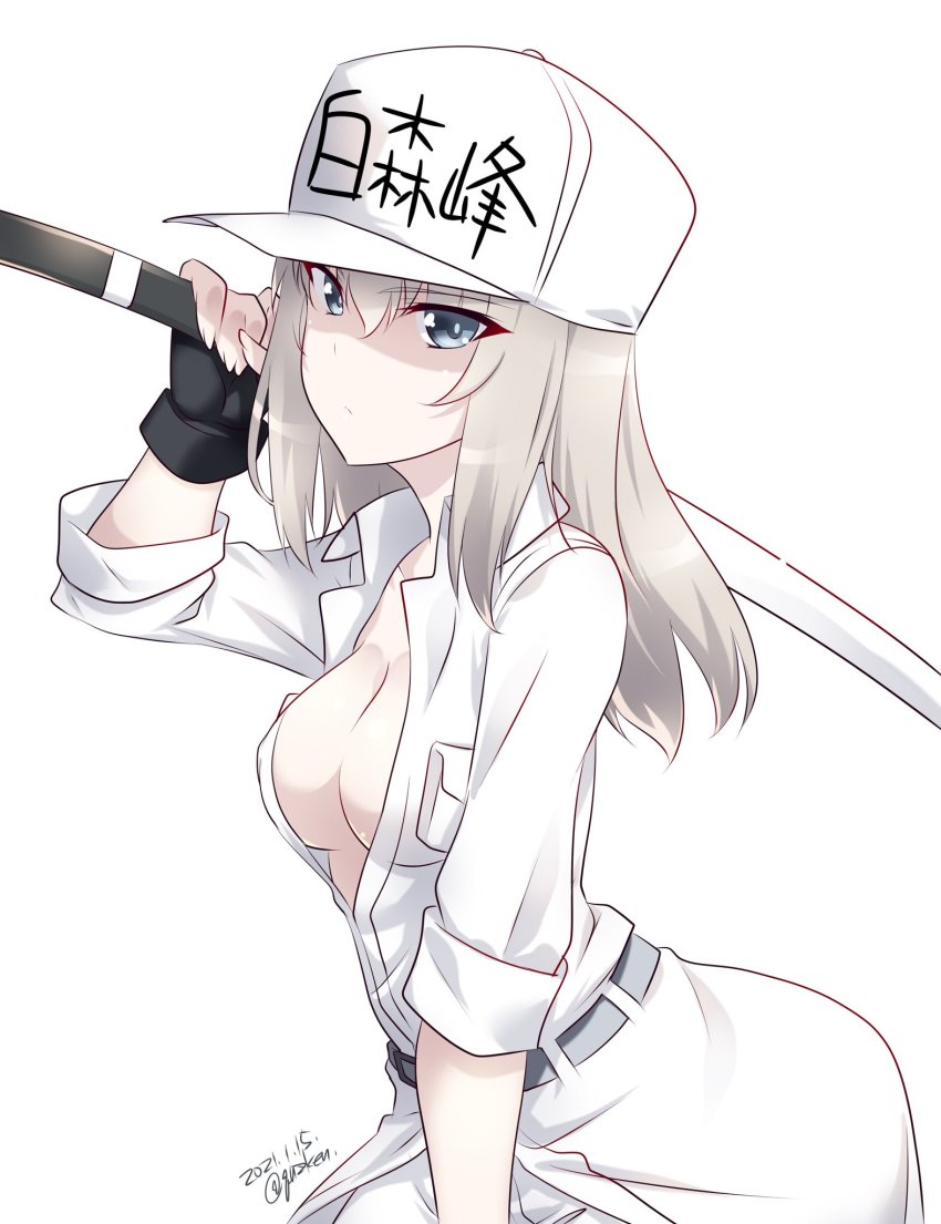 1girl, artist_name, black_gloves, blue_eyes, breasts, cleavage, closed_mouth, cosplay, dated, fingerless_gloves, girls_und_panzer, gloves, hat, hataraku_saibou, highres, itsumi_erika, kuzuryuu_kennosuke, looking_at_viewer, medium_breasts, no_bra, open_clothes, open_shirt, shiny_skin, short_hair, simple_background, solo, sword, u-1196, upper_body, weapon, white_background, white_blood_cell_(hataraku_saibou), white_blood_cell_(hataraku_saibou)_(cosplay), white_hair, white_hat, white_theme