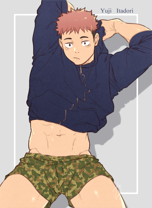 1boy, abs, bad_id, bad_twitter_id, bara, black_hair, blue_jacket, boxers, brown_eyes, camouflage, camouflage_underwear, character_name, cowboy_shot, facial_mark, gakki_(gaku_suru), itadori_yuji, jacket, jujutsu_kaisen, looking_at_viewer, male_focus, male_underwear, midriff_peek, muscular, muscular_male, navel, pink_hair, print_male_underwear, short_hair, solo, spiked_hair, spread_legs, stomach, thick_thighs, thighs, undercut, underwear, undressing, zipper