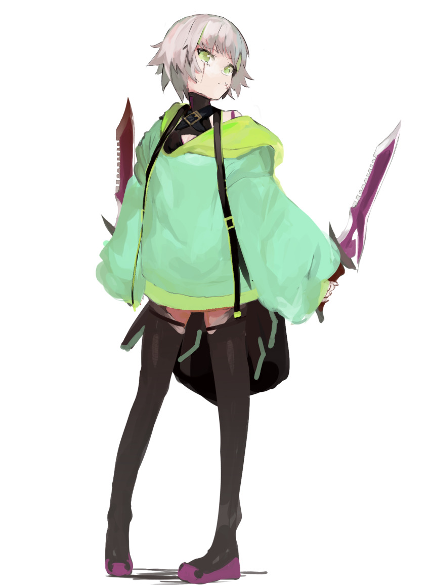 1girl, alternate_costume, bare_shoulders, black_thighhighs, boots, dagger, dual_wielding, fate/grand_order, fate_(series), green_eyes, green_hoodie, grey_hair, highres, holding, holding_dagger, holding_knife, holding_weapon, hood, hood_down, hoodie, jack_the_ripper_(fate/apocrypha), knife, long_sleeves, parted_lips, purple_boots, scar, scar_across_eye, scar_on_face, short_hair, simple_background, sleeves_past_wrists, solo, standing, thigh_boots, thighhighs, turtleneck, weapon, white_background, yorurokujuu