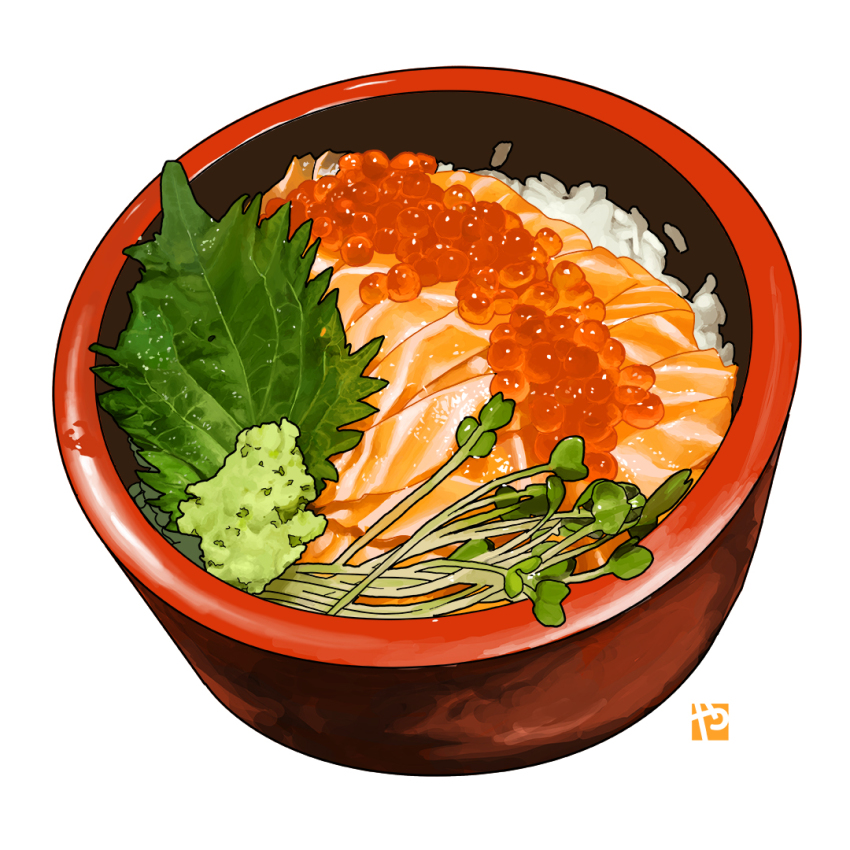 bowl, chirashi_(food), fish, fish_(food), food, food_focus, ikura_(food), leaf, no_humans, original, rice, roe, salmon, sashimi, simple_background, still_life, studiolg, sushi, vegetable, white_background