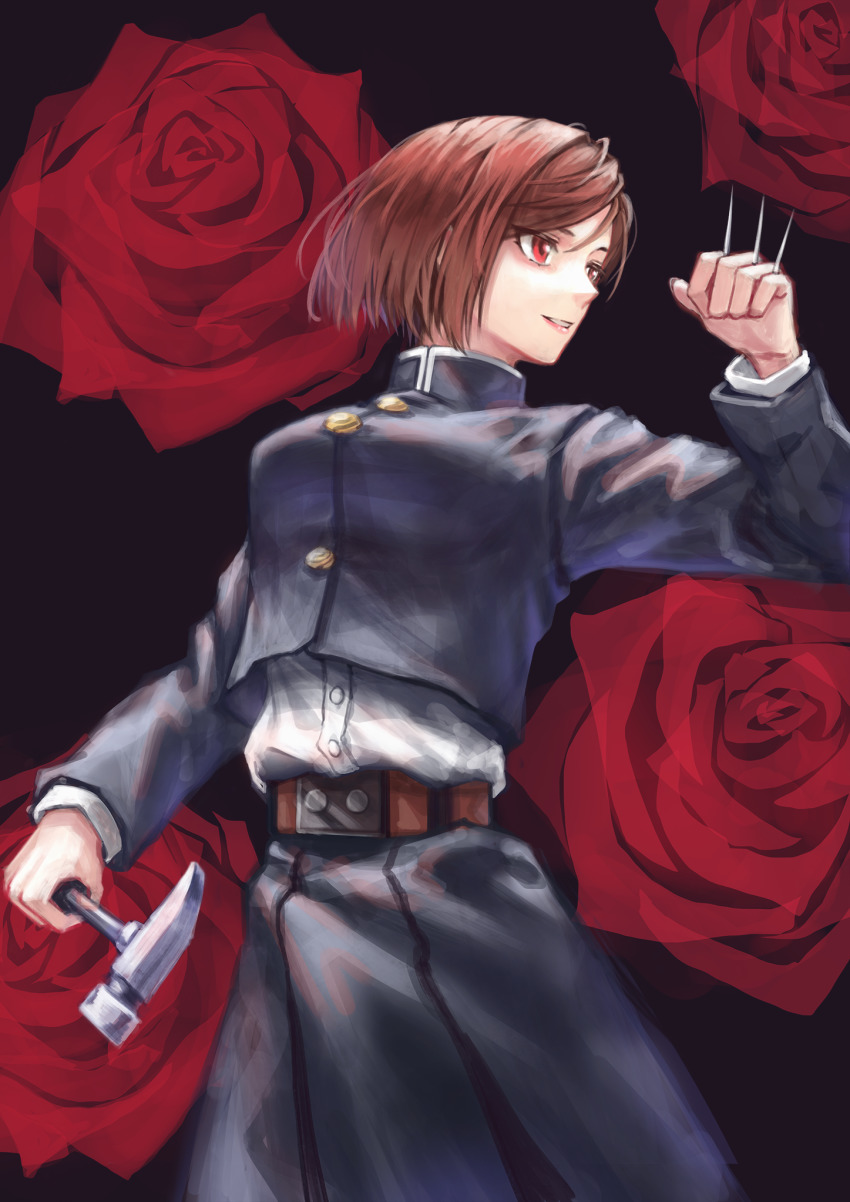1girl, belt, black_background, brown_belt, brown_hair, flower, hammer, highres