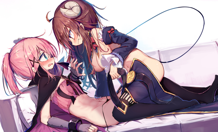 2girls, ahoge, beize_(garbage), belt, blue_eyes, blush, bow, breasts