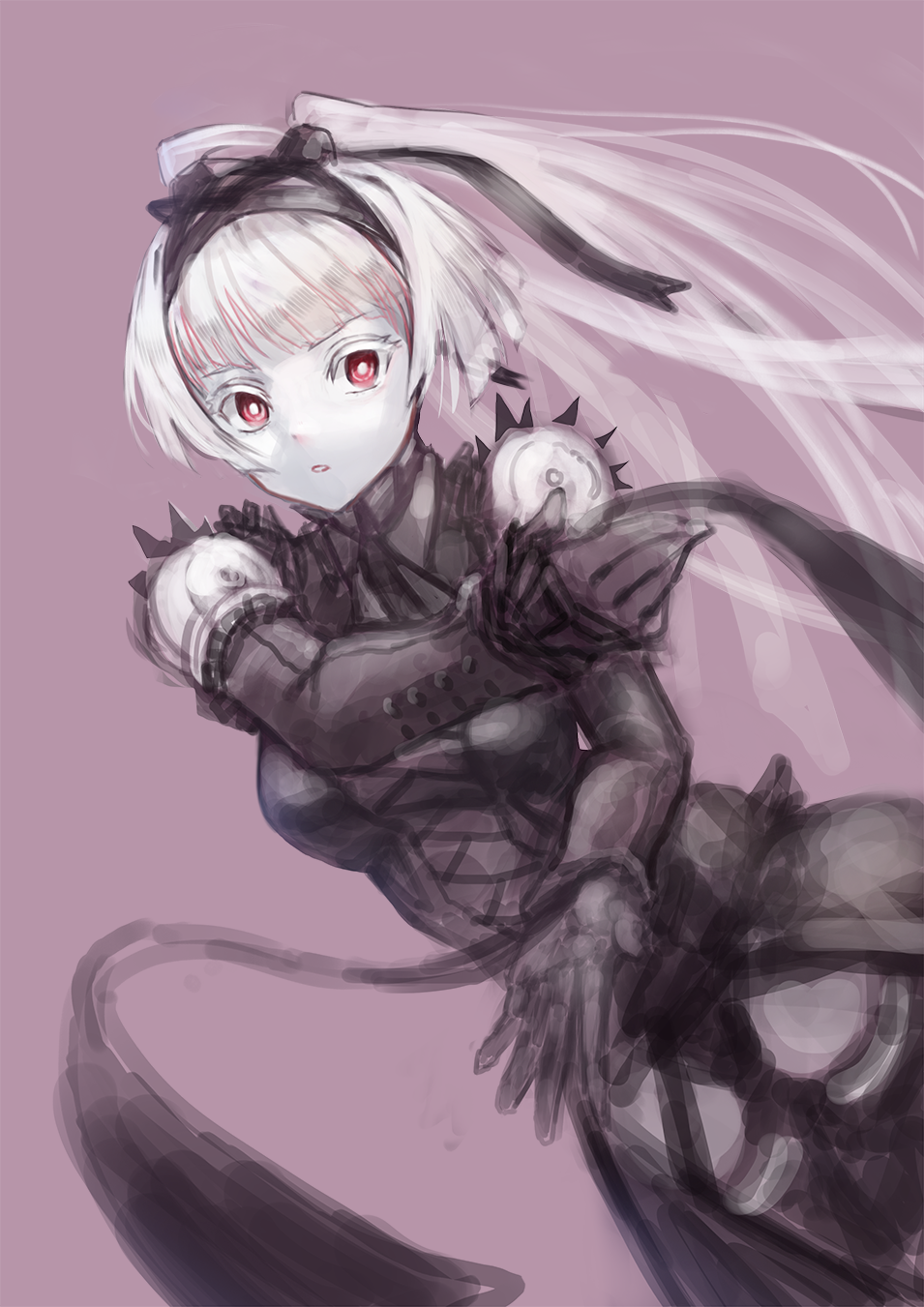 1girl, android, black_gloves, blame!, check_copyright, colored_skin, copyright_request, detached_sleeves