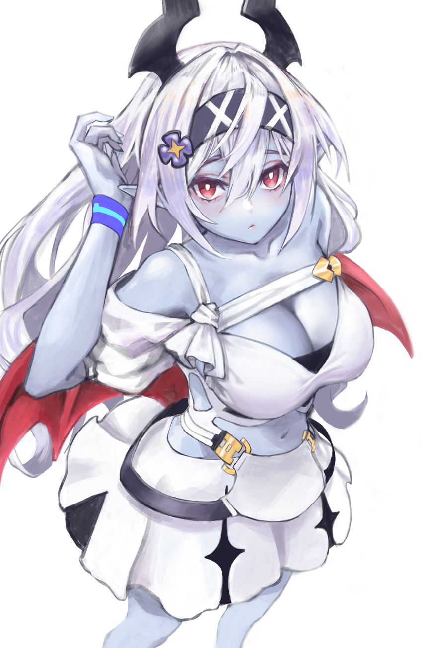 1girl, arly_(world_flipper), bare_shoulders, blue_skin, breasts, cleavage, closed_mouth, collarbone, colored_skin, demon_girl, demon_horns, demon_wings, hair_between_eyes, highres, horns, large_breasts, level9kaito, long_hair, looking_at_viewer, low_wings, navel, official_alternate_costume, pointy_ears, red_eyes, red_wings, simple_background, solo, white_background, white_hair, wings, world_flipper