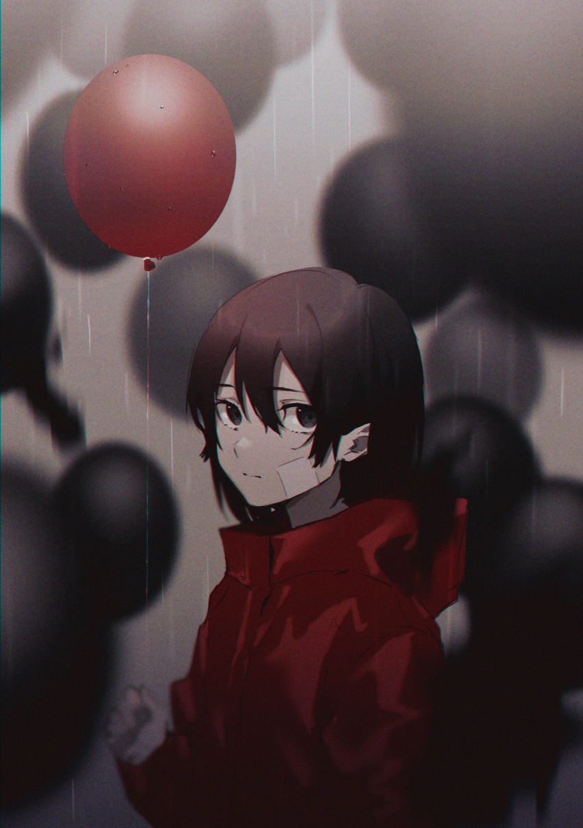 1girl, absurdres, balloon, bandaid, bandaid_on_face, black_eyes, blurry, blurry_background