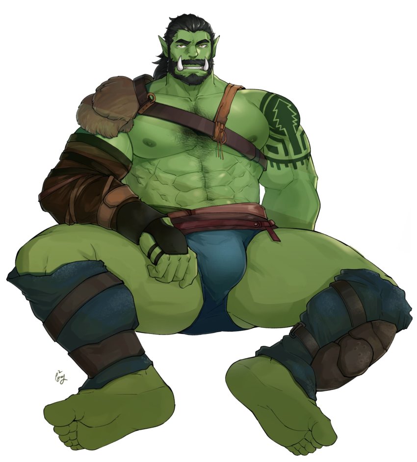1boy, abs, bara, bare_pectorals, beard, black_hair, bulge, chest_hair, chest_harness, colored_skin, commission, facial_hair, fangs, feet, green_male_underwear, green_skin, harness, highres, large_pectorals, leather, loincloth, male_focus, male_underwear, medium_hair, muscular, muscular_male, mustache, navel, navel_hair, nipples, orc, pectorals, ppyong, shoulder_tattoo, solo, spread_legs, stomach, tattoo, thick_thighs, thighs, underwear
