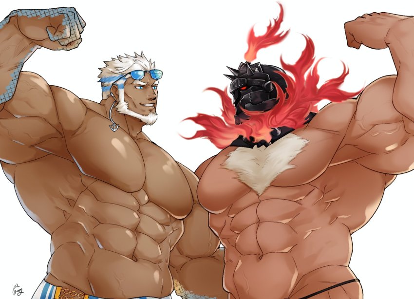 2boys, abs, aegir_(housamo), anchor_earrings, aqua_hair, bara, beard, biceps