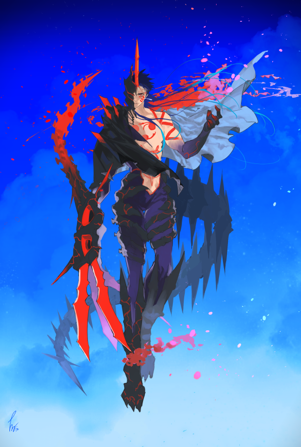 1boy, angry, blue_hair, bodypaint, capelet, claw_(weapon), claws, closed_mouth