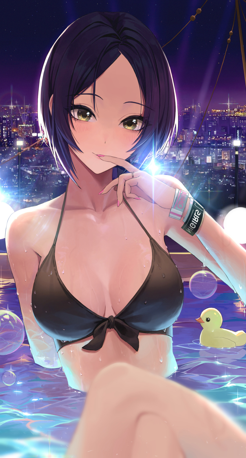 1girl, absurdres, bare_shoulders, bikini, black_bikini, blue_hair, blush, breasts