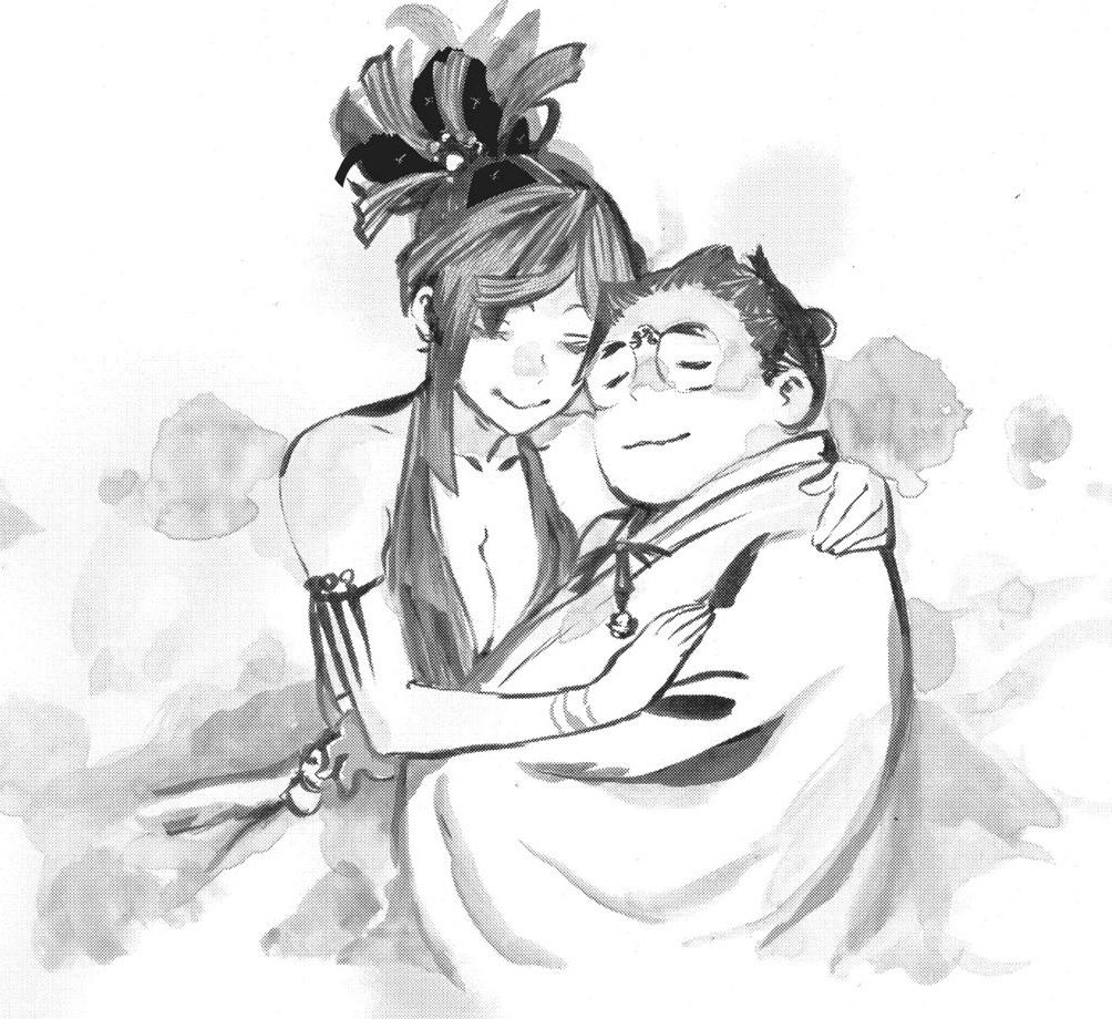 1boy, 1girl, arms_around_neck, breasts, cleavage, dress, closed_eyes, glasses