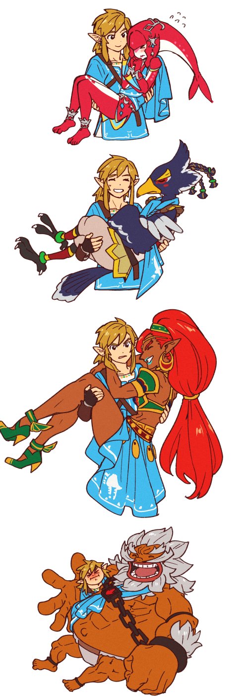 2girls, 3boys, beak, blush, carrying, dark-skinned_female, dark_skin, daruk