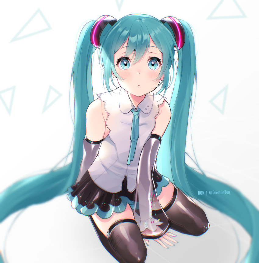 1girl, absurdres, aqua_eyes, aqua_hair, aqua_nails, aqua_ribbon, bare_shoulders, between_legs