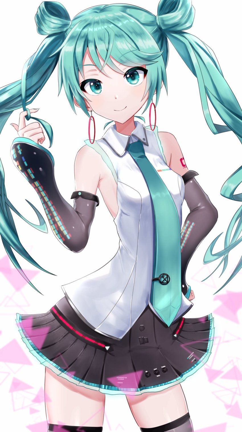 1girl, alternate_hairstyle, aqua_eyes, aqua_hair, aqua_nails, aqua_necktie, bare_shoulders, black_skirt, black_sleeves, black_thighhighs, blouse, commentary, contrapposto, cowboy_shot, detached_sleeves, earrings, hair_ornament, hair_rings, twirling_hair, hand_on_own_hip, hatsune_miku, hatsune_miku_(vocaloid4), highres, itogari, jewelry, long_hair, miniskirt, nail_polish, necktie, pleated_skirt, project_sekai, see-through_clothes, see-through_sleeves, shirt, shoulder_tattoo, skinny, skirt, sleeveless, sleeveless_shirt, smile, solo, tattoo, thighhighs, triangle, twintails, v4x, very_long_hair, vivid_bad_squad_miku, vocaloid, white_background, white_shirt, zettai_ryouiki