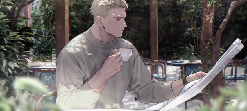 1boy, blonde_hair, blue_eyes, chair, cup, highres, jujutsu_kaisen, kuro_(grf)