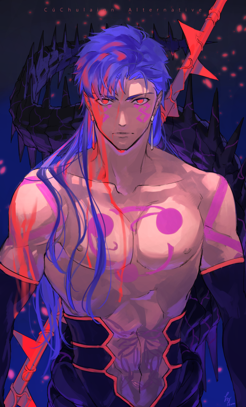 1boy, abs, bare_shoulders, biceps, blood, blue_hair, bodypaint, character_name